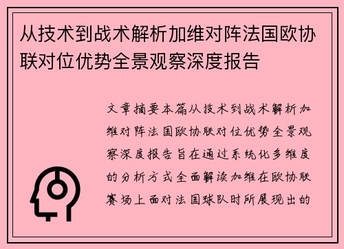 从技术到战术解析加维对阵法国欧协联对位优势全景观察深度报告